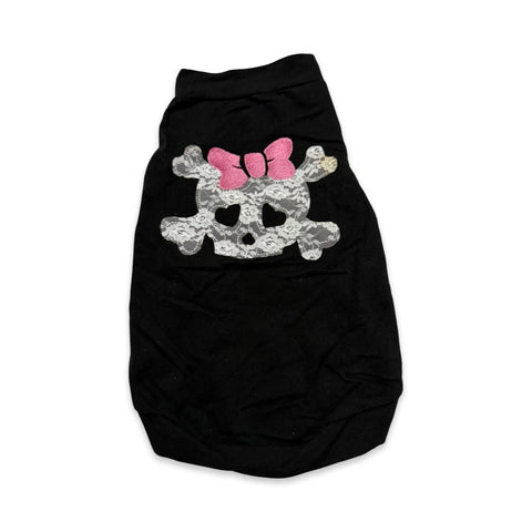 PLAYERA PARA PERRO NEGRA CON DISEÑO DE CALAVERA CON MOÑO